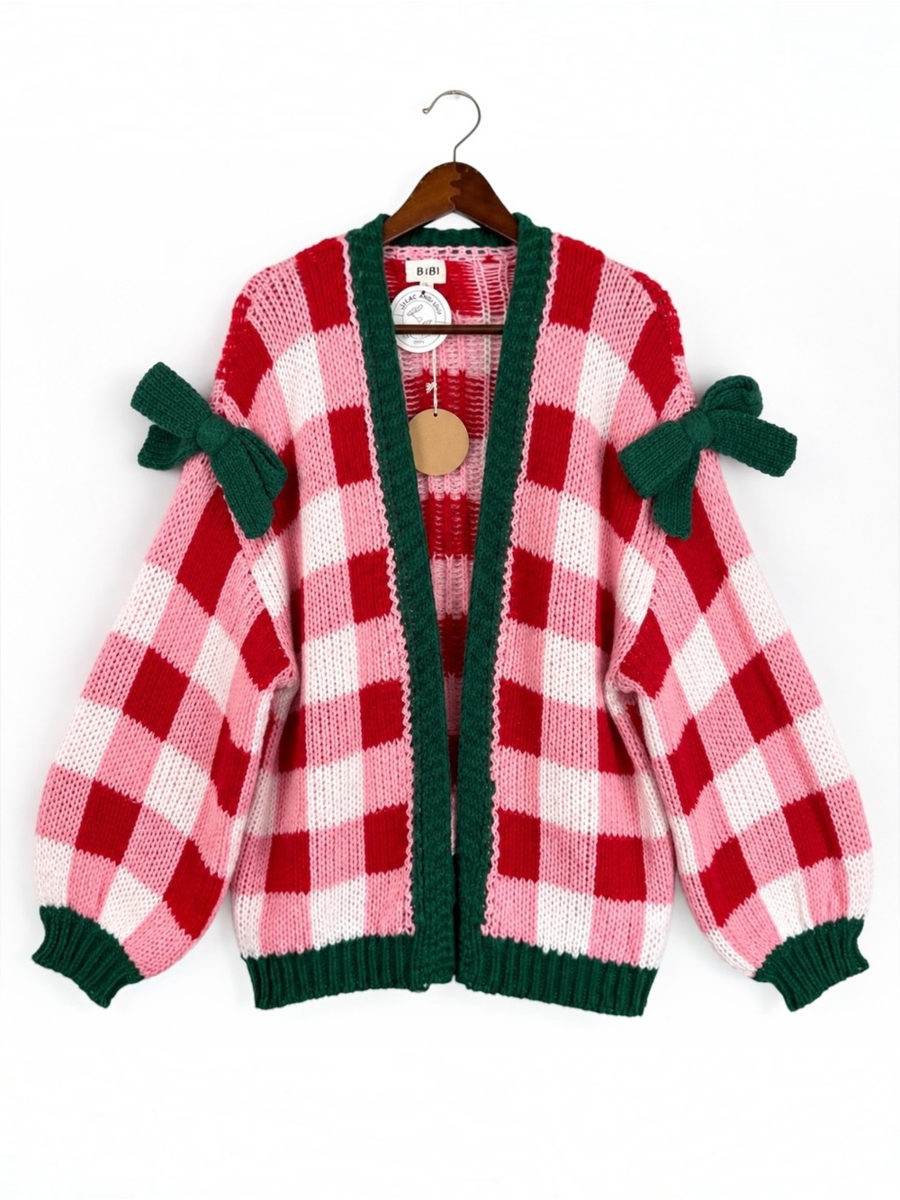 BiBi NWT Pink Red Checkered Bow Sleeve Chunky Cardigan Sweater
